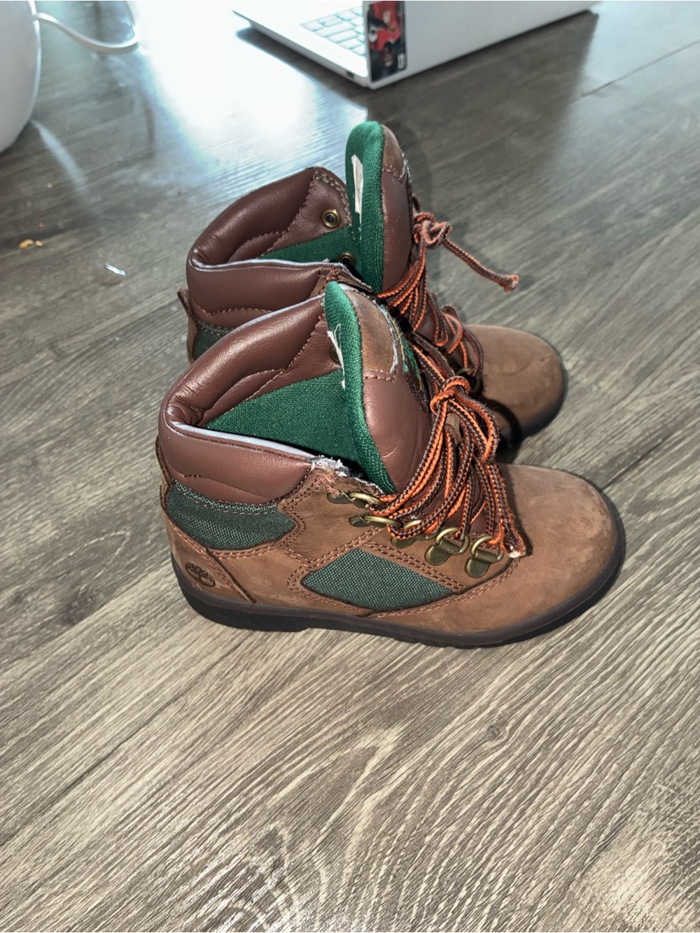 Timberland Kids Brown Leather Hiking Boots with Green Trim - Picture 2 of 6